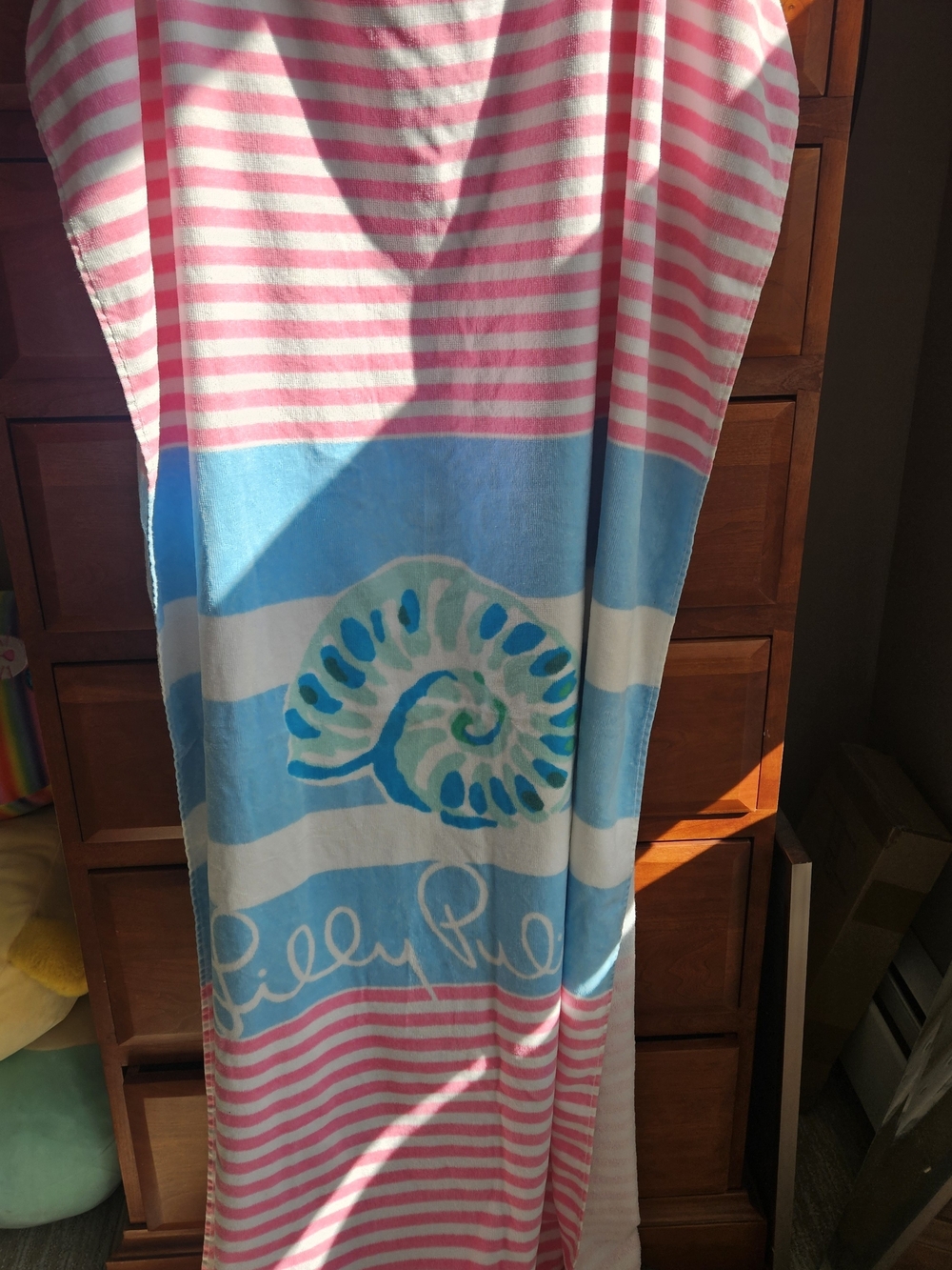 Lilly Pulitzer Pink, Blue & White Striped Beach Towel with Shell Motif